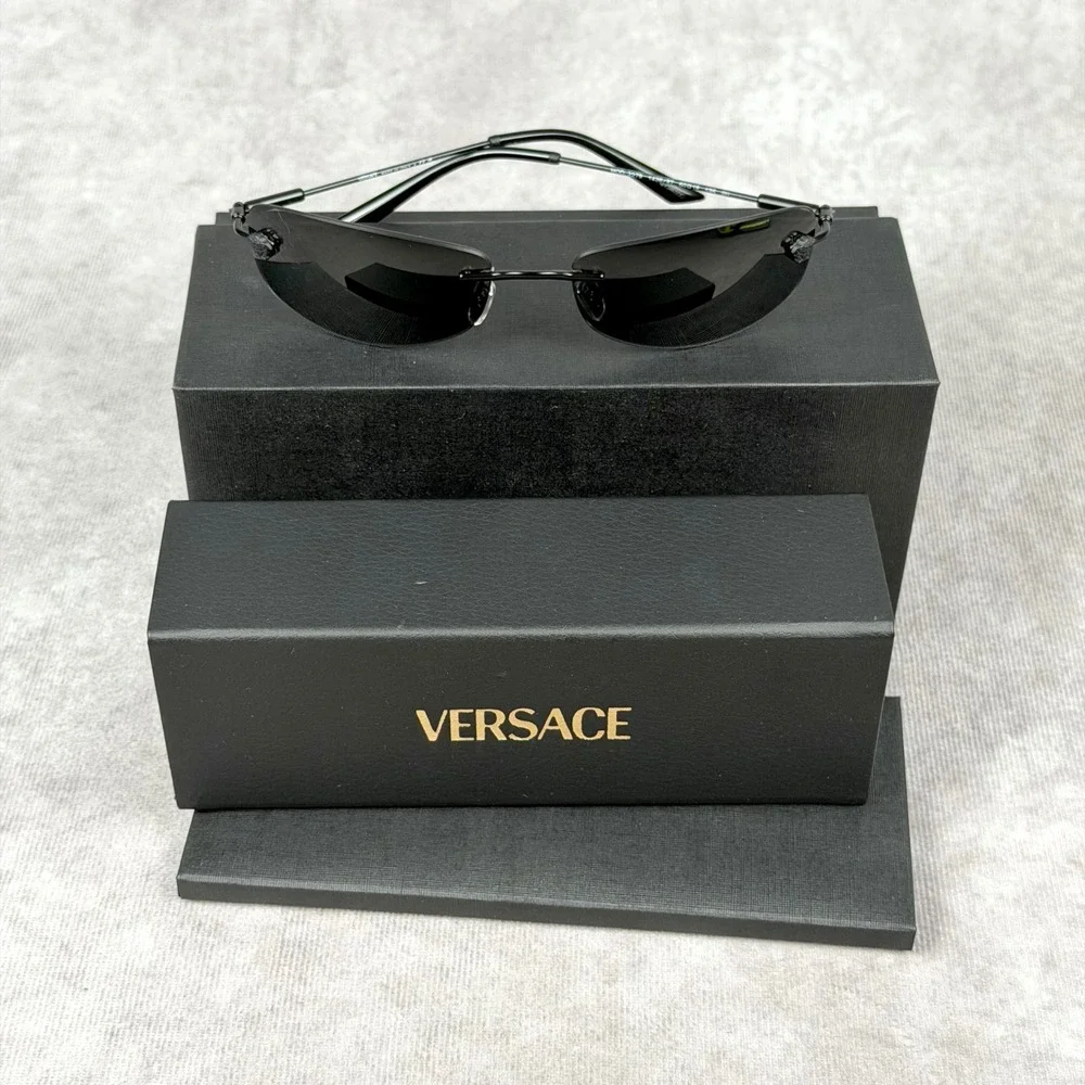 Versace MOD 2279 Black Rimless Sunglasses Grey Lens Italy 60 18 135 NEW